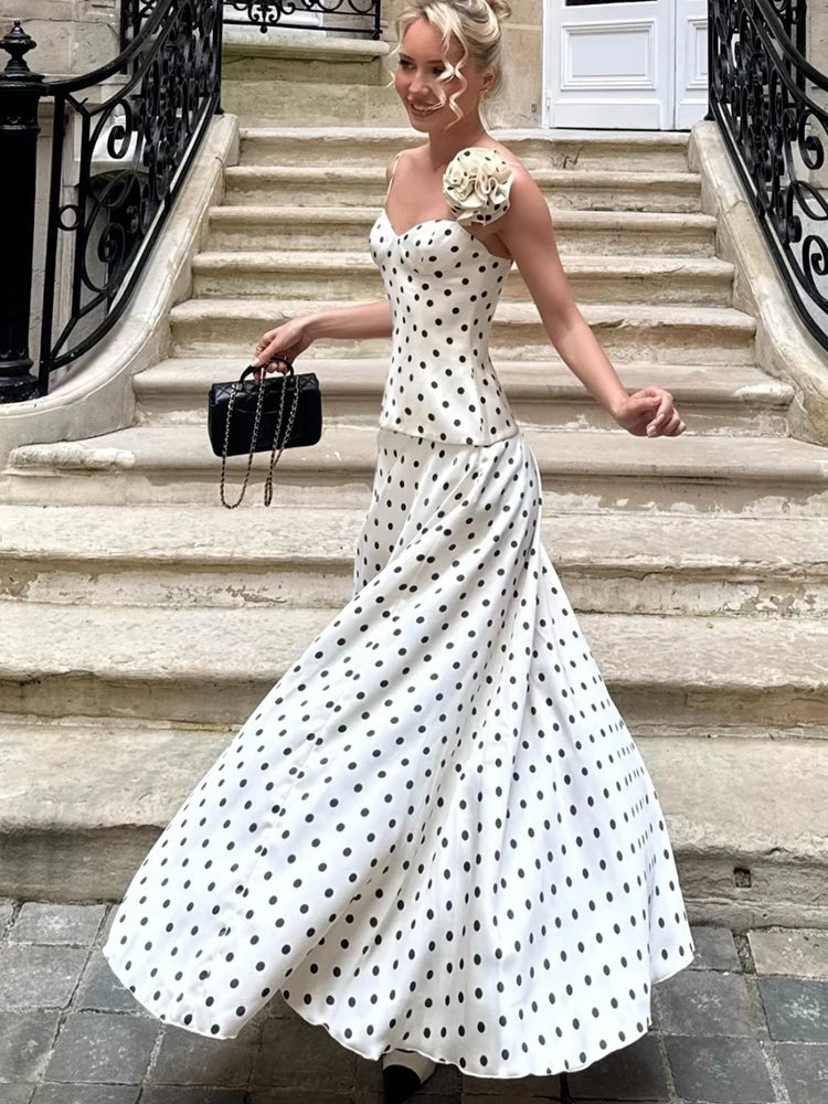 Elegant Polka Dot Print 2 Piece Set Woman 3d Flower Decoration Low-Neck Backless Camisole+Long Skirts Ruched Chic Outfits