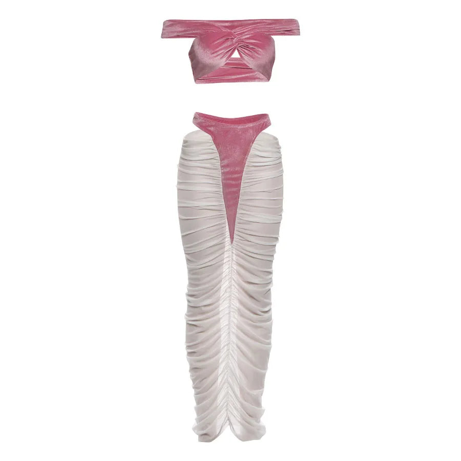 Coquette 2-Piece Set Women Velvet Cross Tank Tops+Patchwork Hollow High-Waist Skirts Matching Sexy Clubwear Outfits