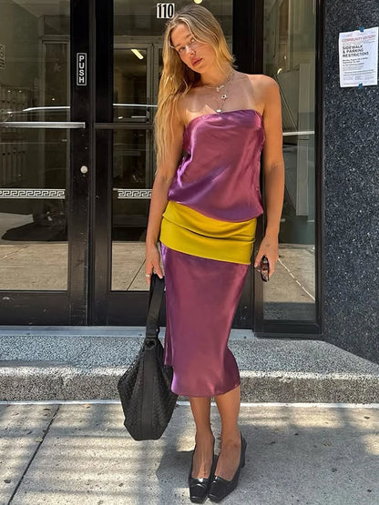 Sexy Color Blocking Dress Women Fashion Trend Bright Silk See Through Sleeveless Elegant Simple Party Street Bodycon