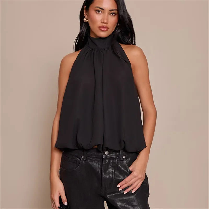 Women Elegant Tank Tops Summer Halter Neck Sleeveless Summer Solid Color Bubble Hem Vest for Daily Vacation Beach