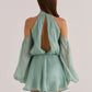 Women Halter Off Shoulder Mini Dress Puff Long Sleeve Chiffon Loose A Line Short Dress Wedding Guest Party Club Outfit