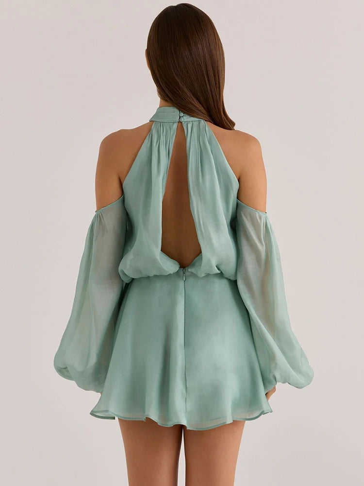 Women Halter Off Shoulder Mini Dress Puff Long Sleeve Chiffon Loose A Line Short Dress Wedding Guest Party Club Outfit