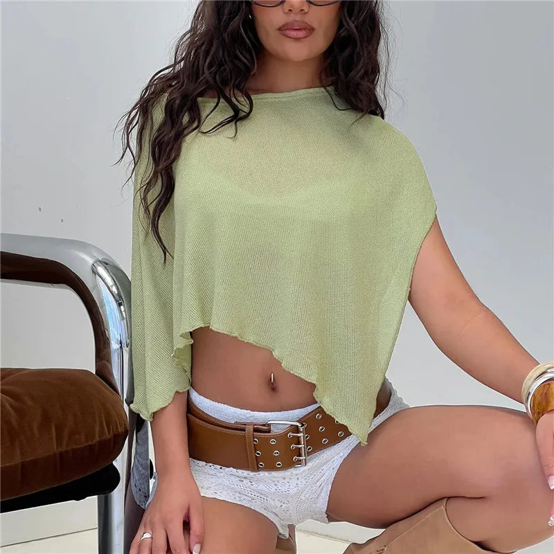 Women Knit Poncho Tops Summer Fashion Solid Color Off One Shoulder Loose Fit Asymmetric Cover Up Shawl Blouse