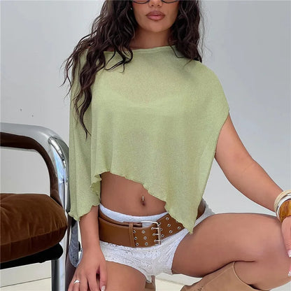 Women Knit Poncho Tops Summer Fashion Solid Color Off One Shoulder Loose Fit Asymmetric Cover Up Shawl Blouse
