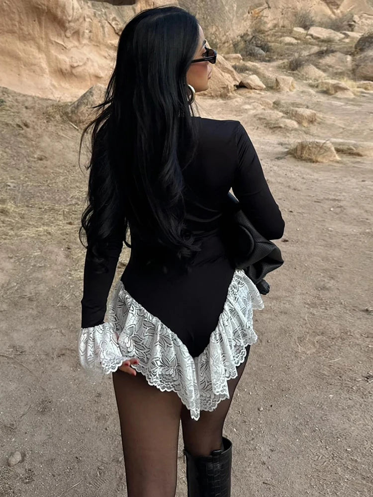 Hottie Lace Patchwork Bodysuit Women U-Neck Jacquard Ruffle Elegant Sexy Simple Fashion Stretch Slim Street Clubwear