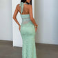 Women Halter Mesh Cutout Lace Sexy Maxi Dress Elegant Square Collar Sleeveless Backless Bodycon Club Party Long Dresses