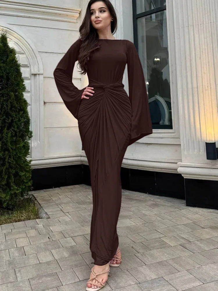 Long Sleeve Draped Ruched Sexy Maxi Dress Women Autumn Winter O Neck High Waist Bodycon Club Party Long Dress Elegant