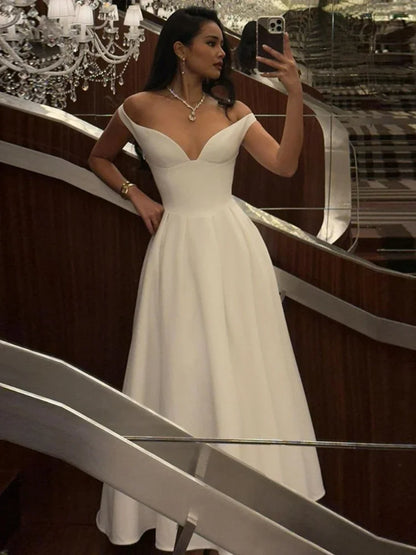 V-neck Off The Shoulder Backless A-line Long Dresses for Women Elegant White Evening Dress Party Wear