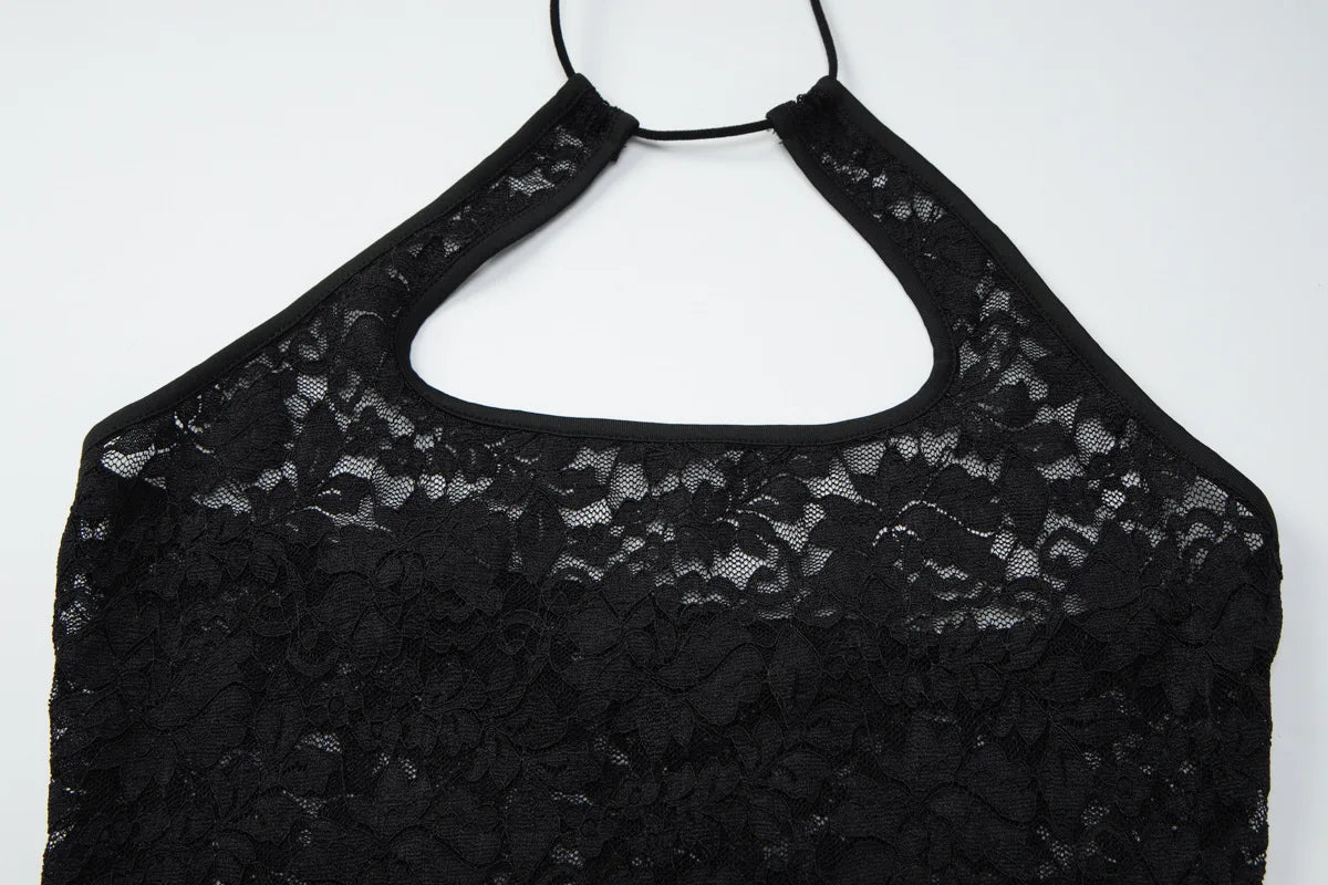 See Through Lace Hollow Backless Halter Tops Sexy Black Going Out Crop Top Woman Rave Clothing Tanks & Camis