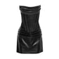PU Leather Strapless Bodycon Dress Low Cut Fishbone Corset Pleated Mini Dresses Sexy Outfits Women Club Wear