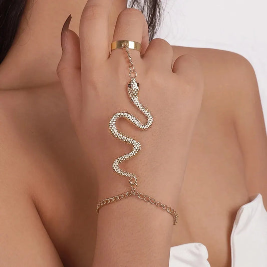 Unique Goth Connecting Finger Rings Snake Bracelet for Women Trendy Vintage Charm Tassel Bangles Couple Hand Jewelry Gift