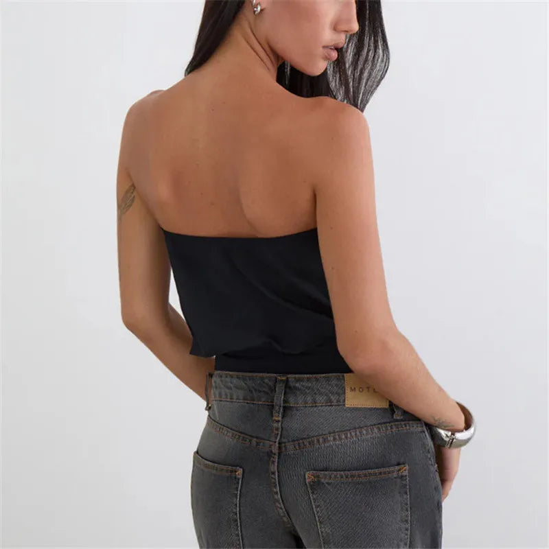 Y2K Button Trim Strapless Tube Top Women Elastic Waist Hem Bandeau Sleeveless Off Shoulder Cropped Blouse Streetwear