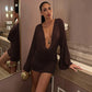 Deep V Neck Long Sleeve Mini Dress Autumn 2026 Fashion Elegant Brown Dresses for Woman Clothing