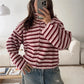 Women Striped Knitted Cardigan High Neck Double Zipper Long Sleeve Loose Cropped Sweater Coat Y2K Fall Winter Streetwear
