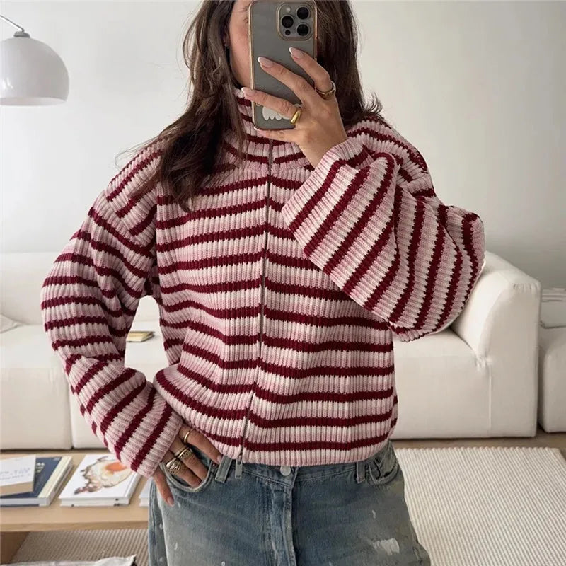 Women Striped Knitted Cardigan High Neck Double Zipper Long Sleeve Loose Cropped Sweater Coat Y2K Fall Winter Streetwear