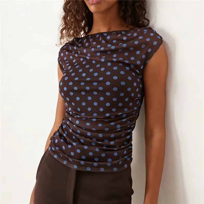 Summer Ladies Sheer Polka Dot Mesh Top Asymmetric Off Shoulder Ruched Sleeveless Blouse Casual Daily Summer Streetwear