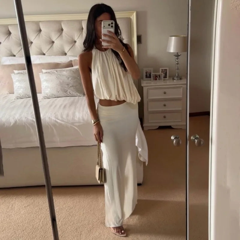 White 2 Pieces Set Asymmetric Halter Top and Maxi Skirt Sets Sexy Holiday Outfits Woman Clothing