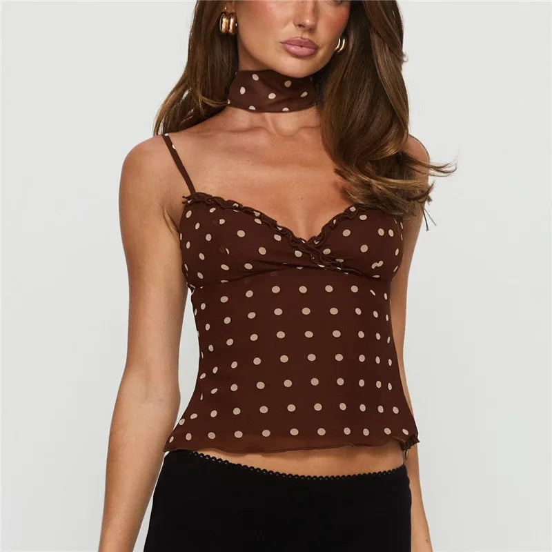 Polka Dot Choker Neck Camisole Women's Ruffle Trim Spaghetti Strap Sheer Mesh Crop Top Sexy Y2K Vintage Aesthetic Top