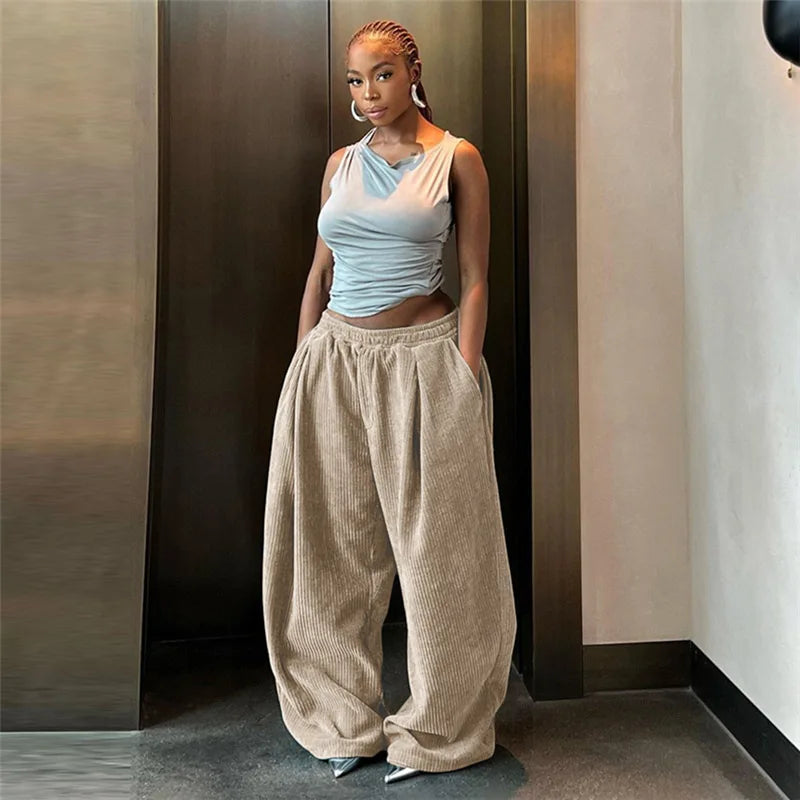 Corduroy Street Wear Pants Elastic High Waisted Wide Leg Trousers Womens Clothing Baggy Winter Sweatpants