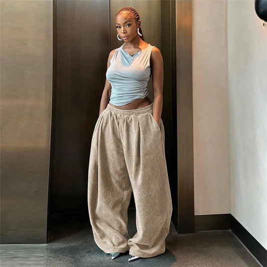 Corduroy Street Wear Pants Elastic High Waisted Wide Leg Trousers Womens Clothing Baggy Winter Sweatpants