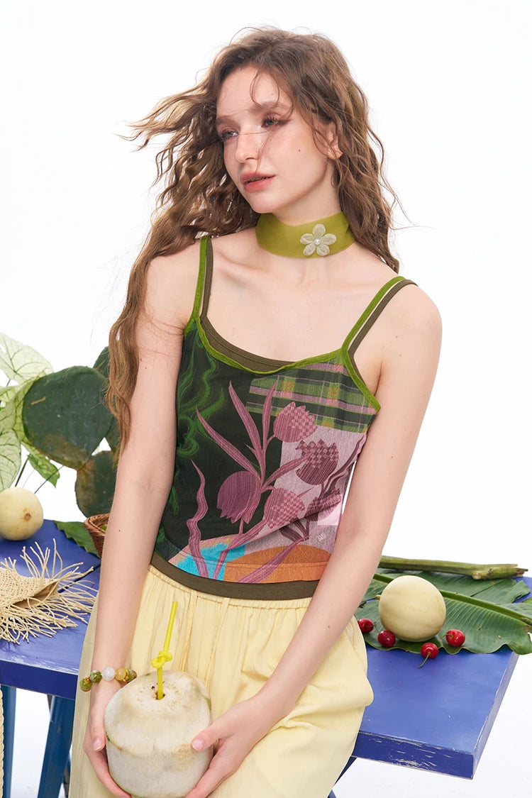 Women's Cropped Cami Top with Patchwork Tropical Leaf Print, Contrast Trim Slim Fit Spaghetti Strap Vest for Summer