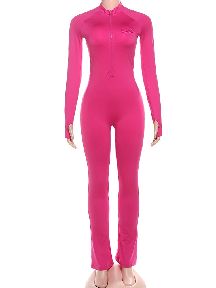 Basic Flared Jumpsuit Women Zip Letter Embroidery Full Sleeve Coquette Stretch Skinny Midnight Party Workout Overalls