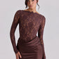 Off Shoulder Lace Satin Maxi Dress Women Elegant Long Sleeve Ruched Bodycon Mermaid Evening Club Party Formal Dress