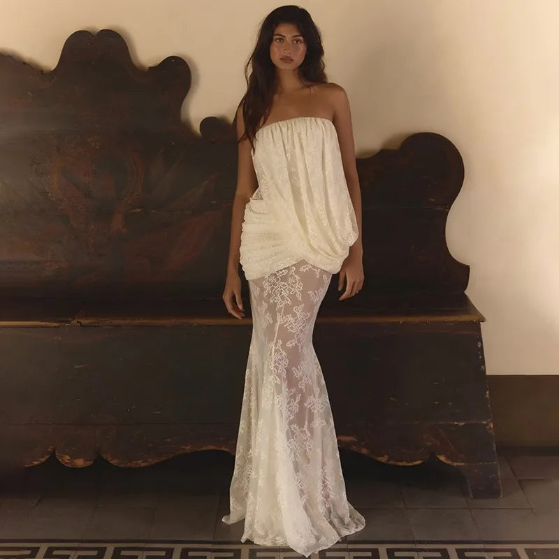 Lace White Dresses Woman Elegant Strapless Asymmetrical Drape Fishtail Maxi Dress Evening Gown