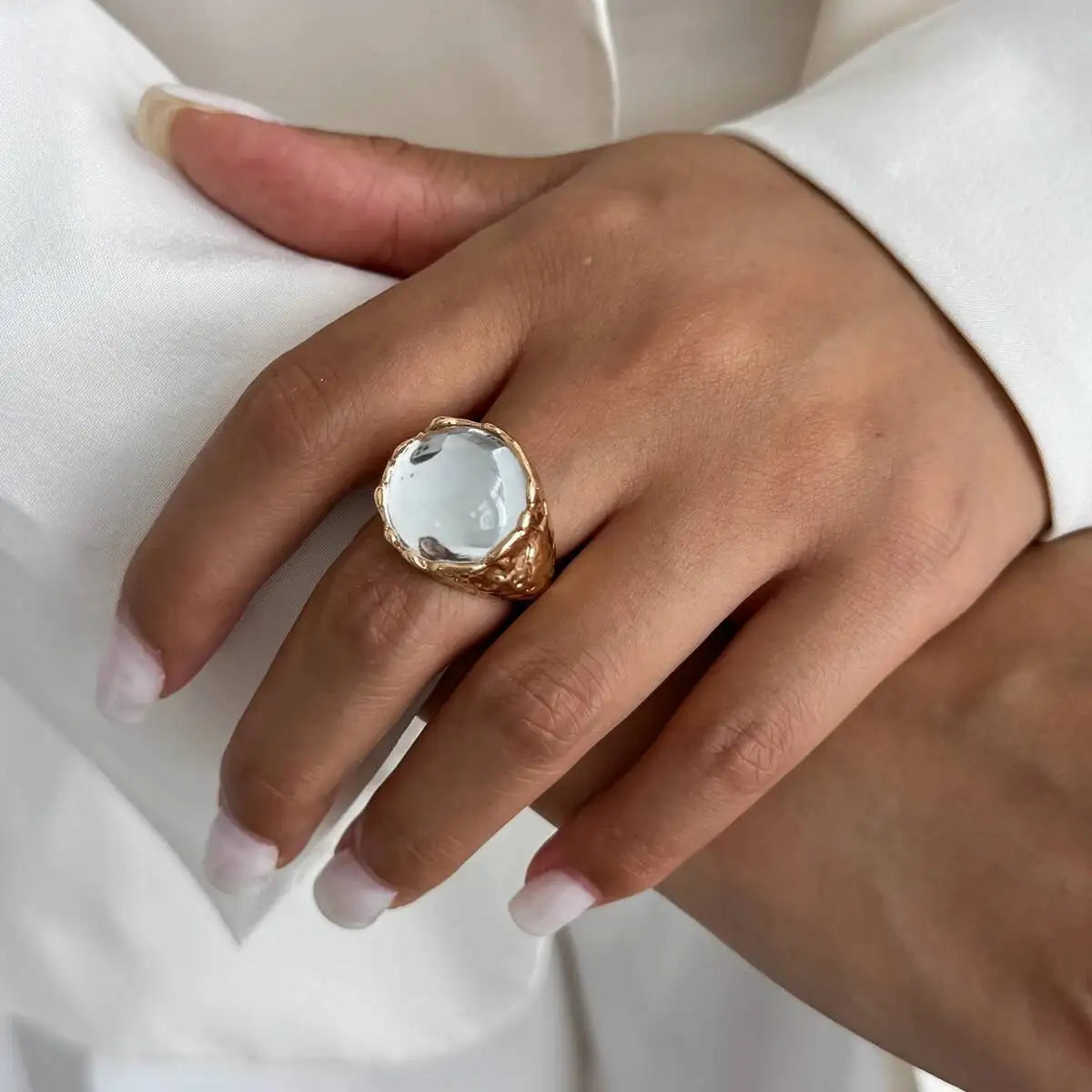 Vintage Irregular Acrylic Rhinestone Metal Rings Trendy Geometric Aesthetic Women's Finger Jewelry Gift