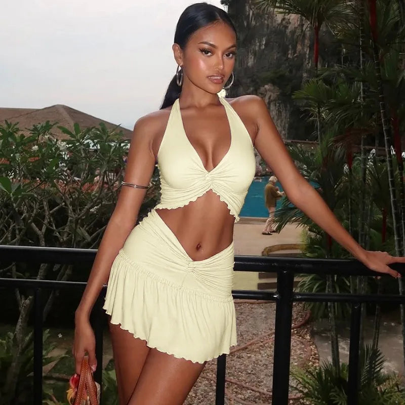 Sexy Two Piece Set for Woman Twisted Ruffled Crop Top and Mini Skirt Summer Beach Vacation Outfit