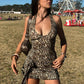 Leopard Print Halter V Neck Sexy Mini Dress Women Elegant Backless Off-shoulder Sleeveless Draped Club Party Dress