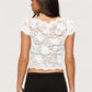Y2K Sexy Sheer Lace Crop T-Shirt V Neck Scallop Trim Short Sleeve Slim Fitted Hollow Back Night Club Party Cropped Top