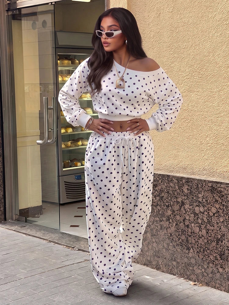 Casual Fashion 2 Piece Set Woman Polka Dot Print Skew Collar Full Sleeve T-Shirts+Drawstring Long Pants Classic Suits