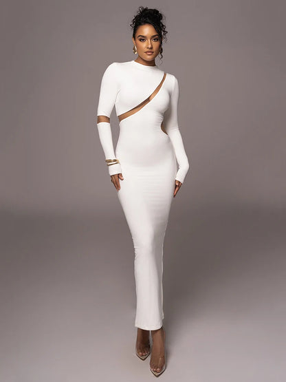 Turtleneck Long Sleeve Bodycon Maxi Dress For Women Autumn New Patchwork Hollow Out Club Party Sexy Long Dress Vestidos