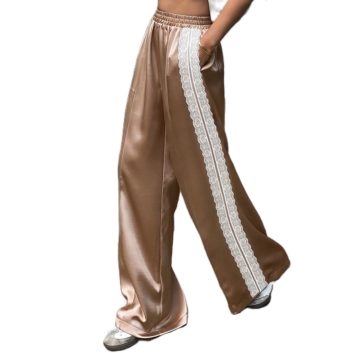 Women Satin Silk Lace Trim Pants Y2k High Street Elastic Waist Wide Leg Pj Lounge Boxer Bottoms Trendy Causal Trousers