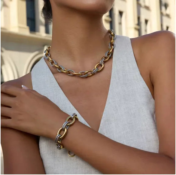 Women's Stainless Steel Two Color Design Necklace 18k Gold Color Plated Twisted Splicing Stackable Waterproof Jewelry
