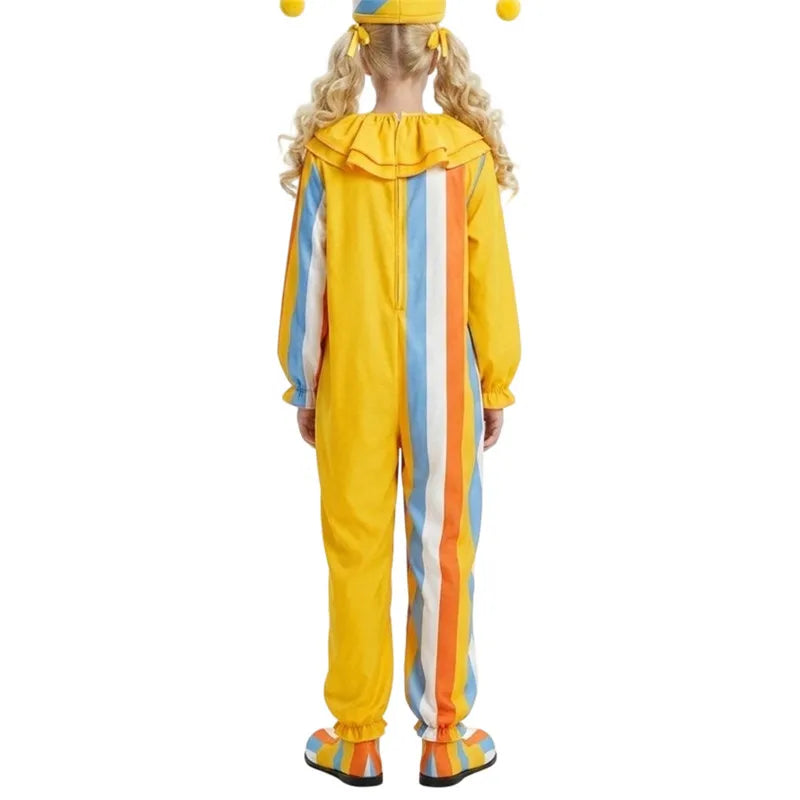 Adult Circus Clown Cosplay Costume Striped Long Sleeve Loose Jumpsuit Ruffled Collar Carnival Fancy Dress