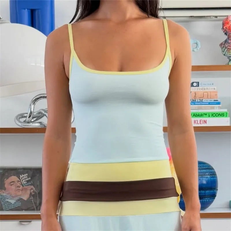 Contrast Trim Color Block Cami Top Women Spaghetti Strap Square Neck Slim Fit Retro Y2K Sleeveless Layered Tank Top
