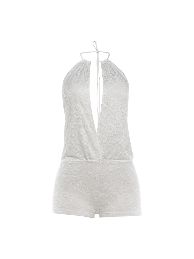 Sexy Hollow Design Playsuits Woman Lace-Up Halter Deep V-Neck Backless Skinny Wrap Hip Hot Girls Fashion Streetwear