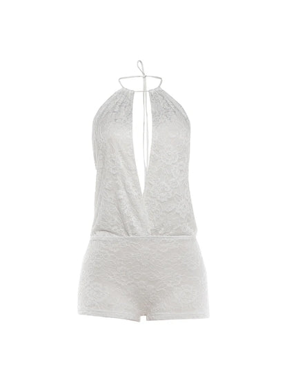 Sexy Hollow Design Playsuits Woman Lace-Up Halter Deep V-Neck Backless Skinny Wrap Hip Hot Girls Fashion Streetwear