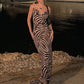 Zebra Stripe Print Sling Dress Woman Low-Neck Bandage Backless High Waist Robe Midnight Club Party Sexy Long Bodycon