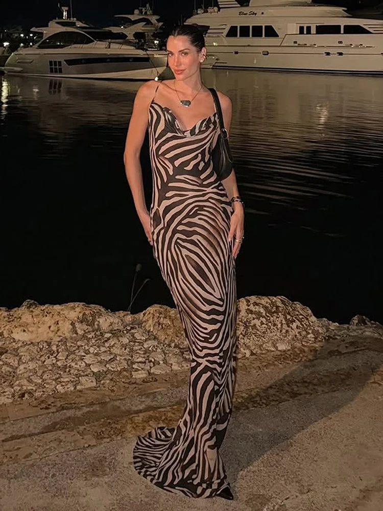 Zebra Stripe Print Sling Dress Woman Low-Neck Bandage Backless High Waist Robe Midnight Club Party Sexy Long Bodycon