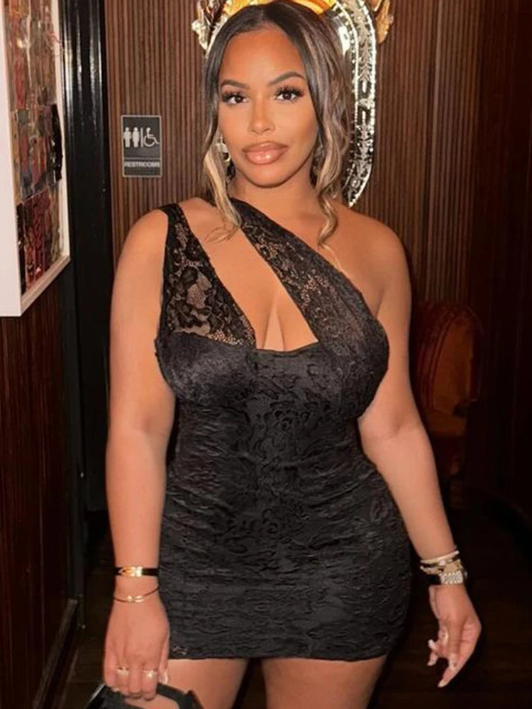 Irregular Hollow Mini Dress Women Mesh Patchwork Skew Collar Sleeveless Midnight Club Party Sexy Coquettish Outfits