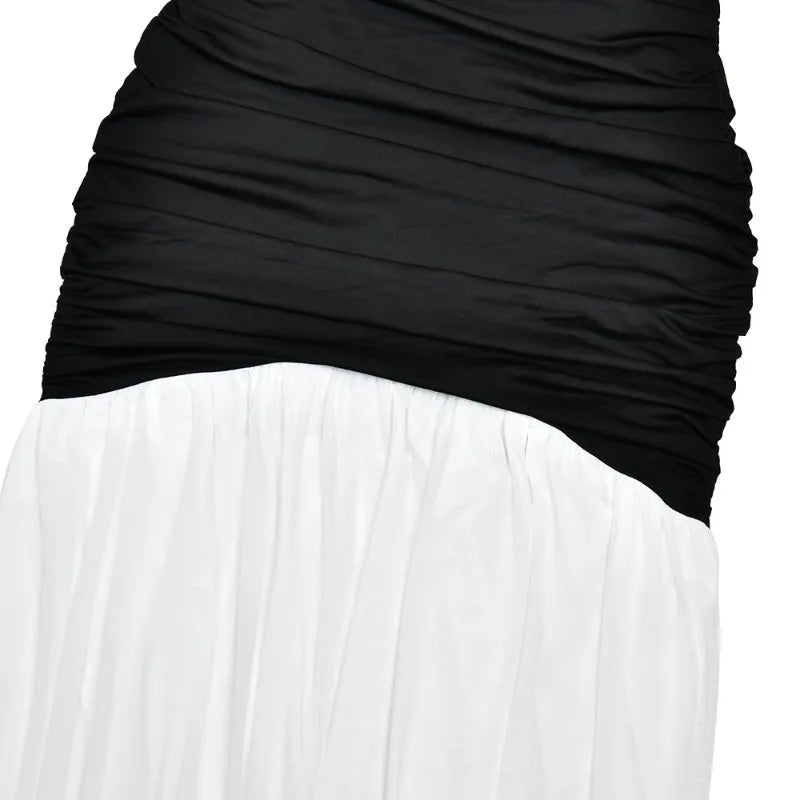 Deep V Neck Backless Pleated Long Dresses Black and White Patchwork Sexy Party Dresses Woman Elegant