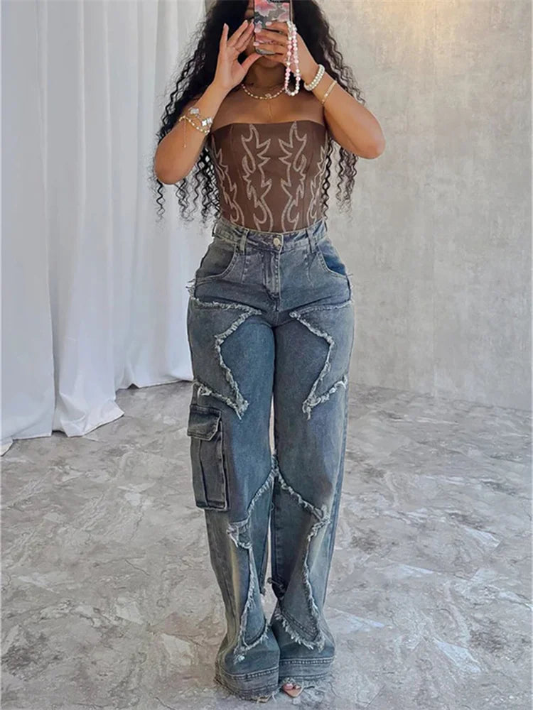 Pentagram Patchwork Straight Pants Women Y2K Trend High-Waist Skinny Autumn Streetwear Casual Wild Pocket Trousers