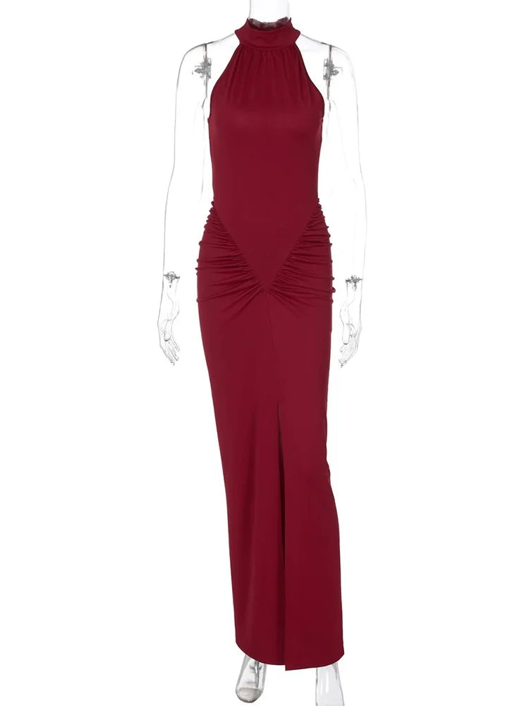 Halter Ruched Sleeveless Sexy Maxi Dress Women Gown Fashion Slim High Waist Evening Club Party Split Long Dress
