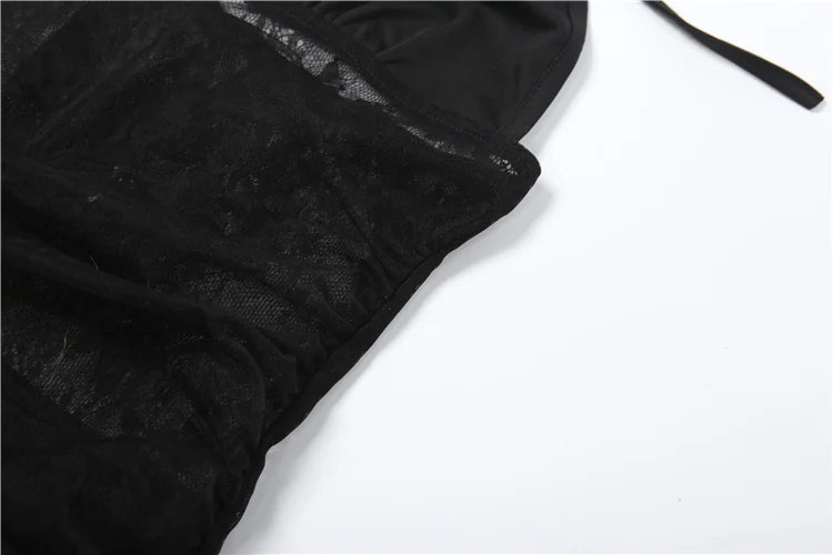 Midnight Backless Dress Woman Mesh Patchwork Lace-Up Halter Sleeveless Robe Club Party Sexy Fashion Coquette Vestidos