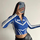 Moto Girl Graphic T Shirts Streetwear Women Zipper Long Sleeve Crop Top Fashion Sexy Blue Black Tees
