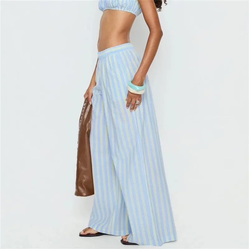 Women Striped Wide Leg Pants Elastic Waist Loose Fit Casual Trousers With Pockets Summer Beachwear Streetwear Pants