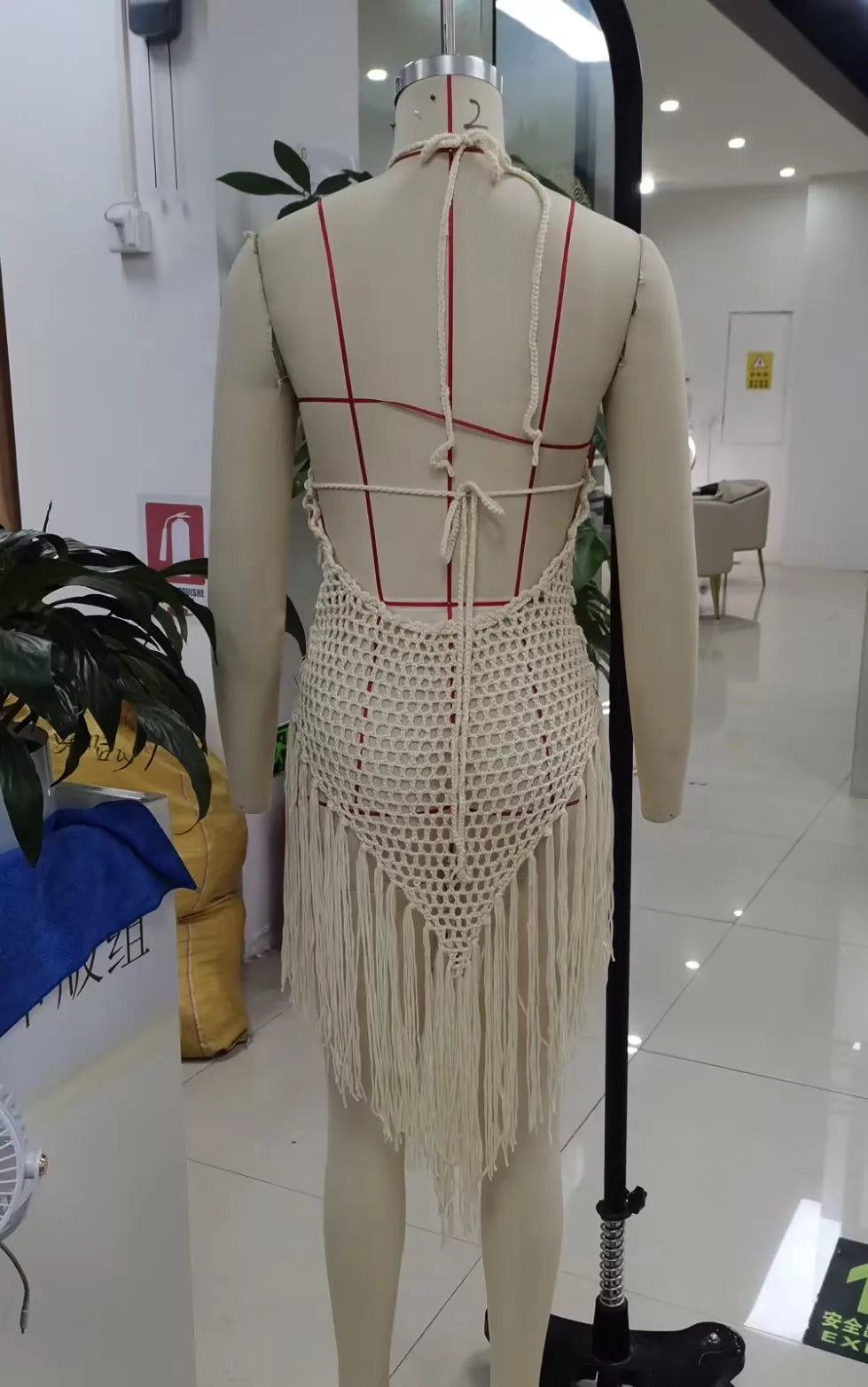 Women's Crochet Swimsuit Cover Up Sequin Embellished Sleeveless Halter Knit Mini Dress Cut Out Beach Tassel Hem Dress